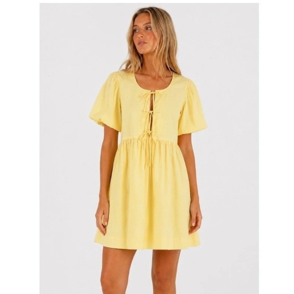 Joie Nutter Babydoll Mini Dress Yellow Short Puff Sleeve Pockets Tie Front S